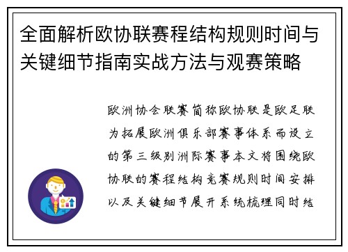 全面解析欧协联赛程结构规则时间与关键细节指南实战方法与观赛策略