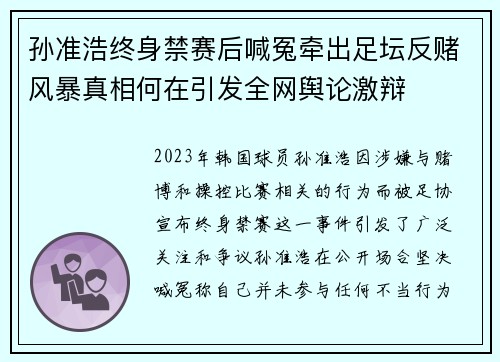 孙准浩终身禁赛后喊冤牵出足坛反赌风暴真相何在引发全网舆论激辩
