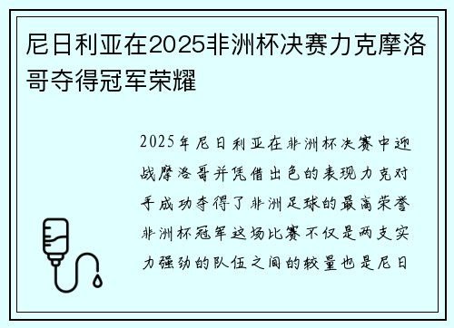 尼日利亚在2025非洲杯决赛力克摩洛哥夺得冠军荣耀