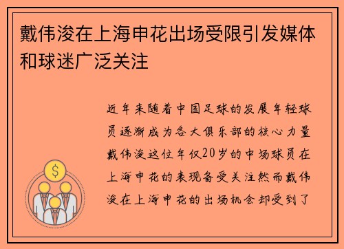 戴伟浚在上海申花出场受限引发媒体和球迷广泛关注